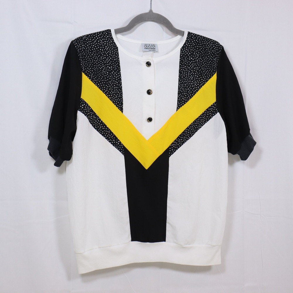 Susan Christopher Top M White‎ Womens Colorblock Polka Dot Vintage Blouse